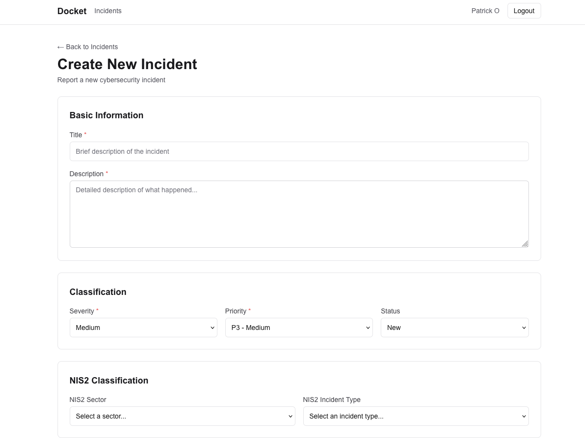 Docket incident creation form